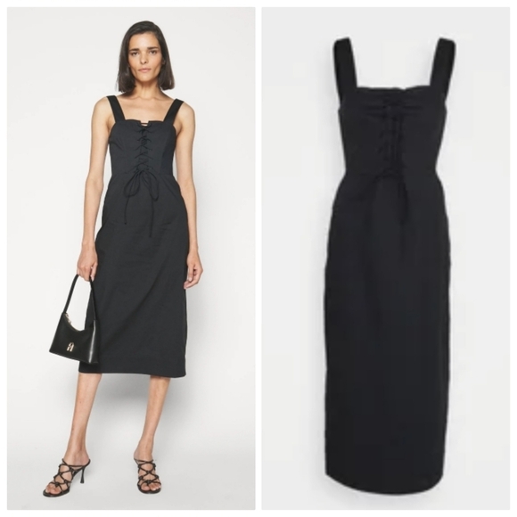 New STAUD Sutton Black Lace-Up Detail Stretch Sleeveless Black Midi Dress 10 US